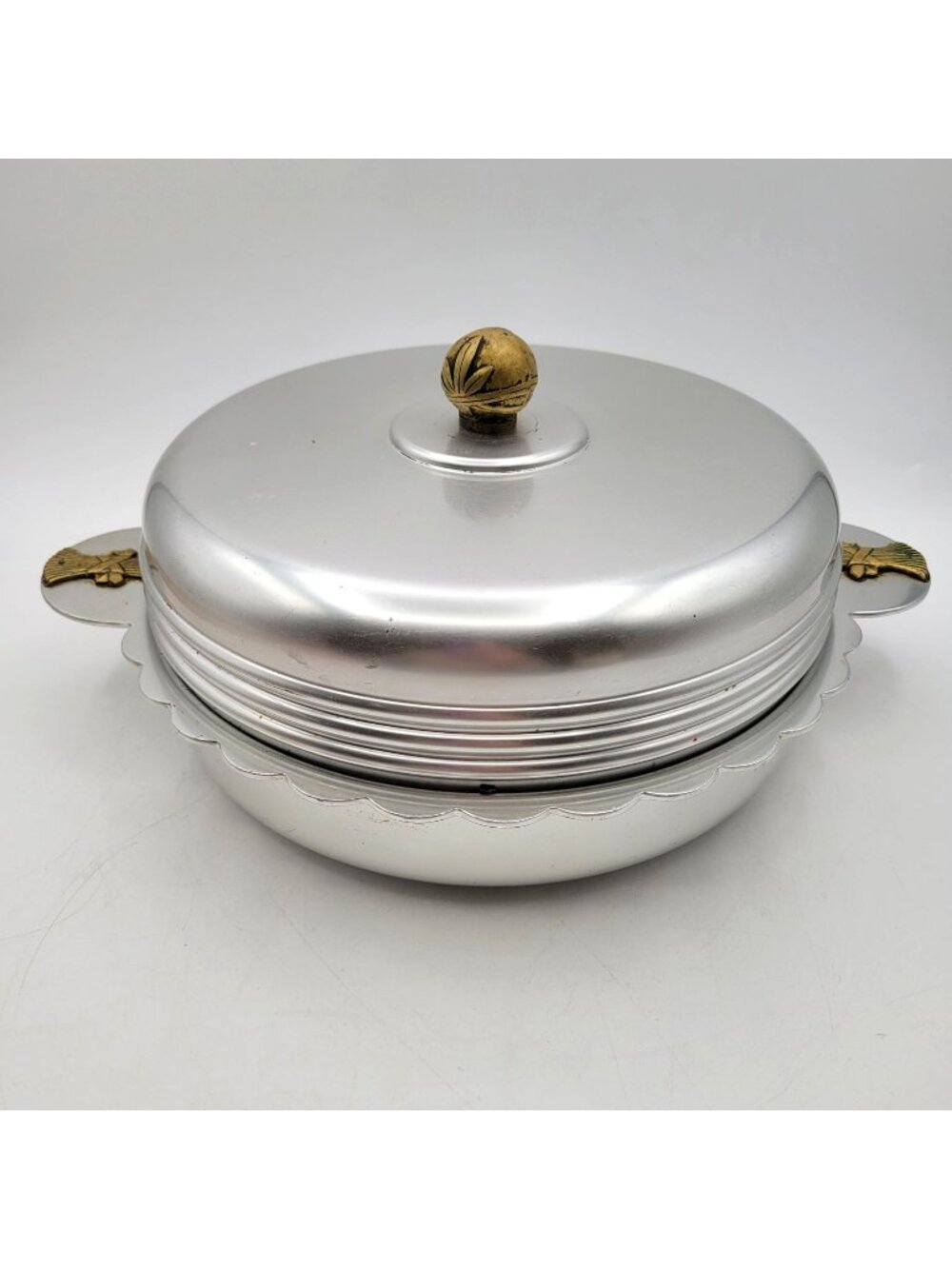 Vintage Casserole Dish Aluminum Kensington Ware Serving Dish with Lid & Brass